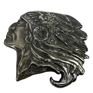 Native American Indian Chief Belt Buckle Pewter Tone Western Cowboy